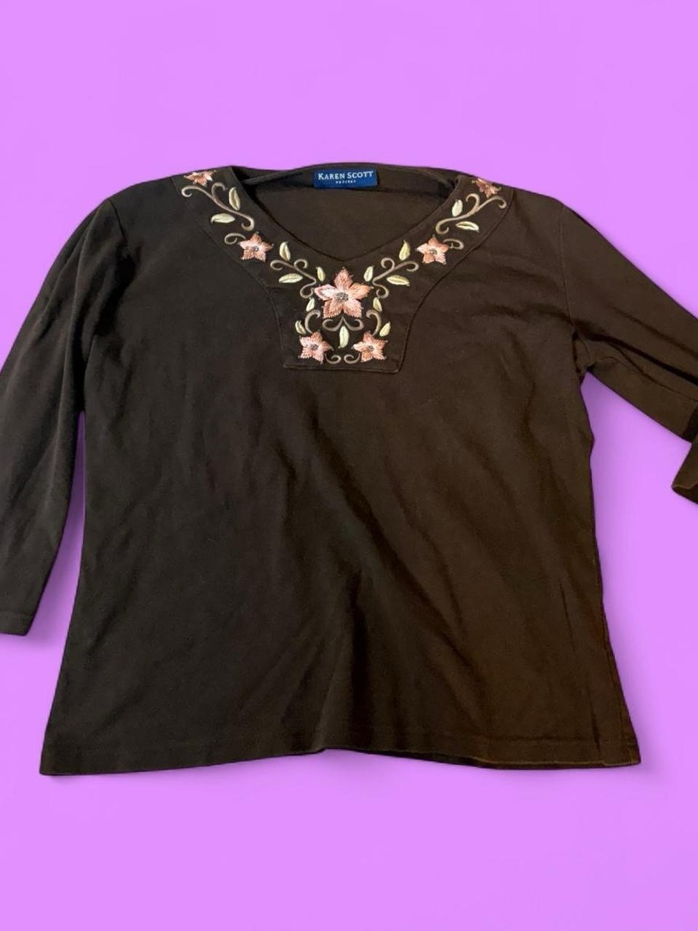 Karen Scott Brown Quarter Sleeve V-Neck Top with Pink Floral Embroidery